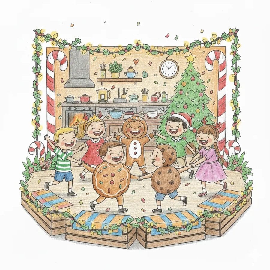 Kinder in Plätzchen-Kostümen tanzen in einer weihnachtlichen Backstube